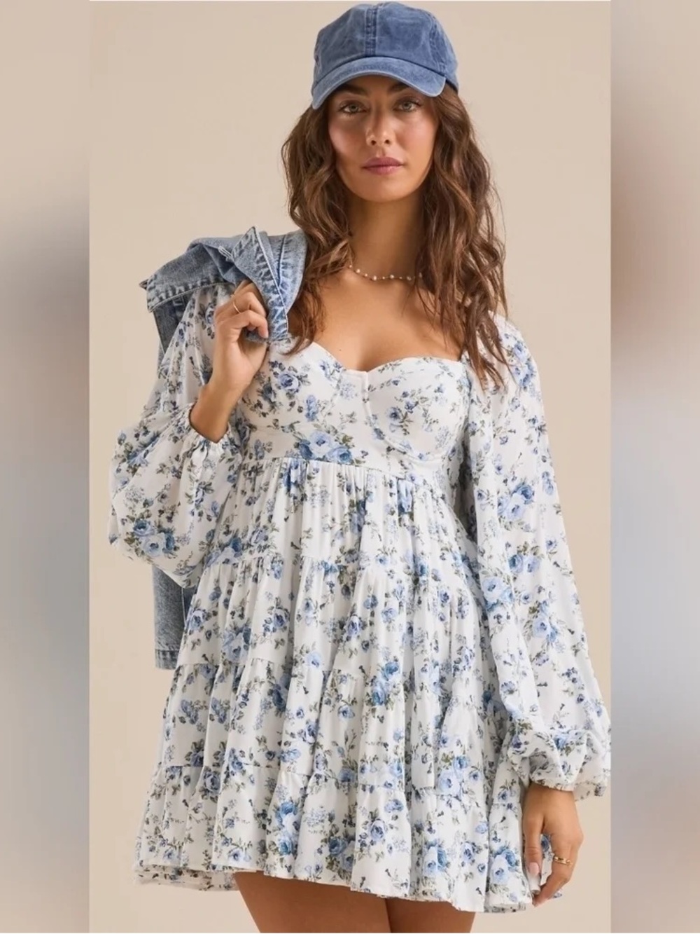 Altar'd State White Dress with Blue Floral Print Mini